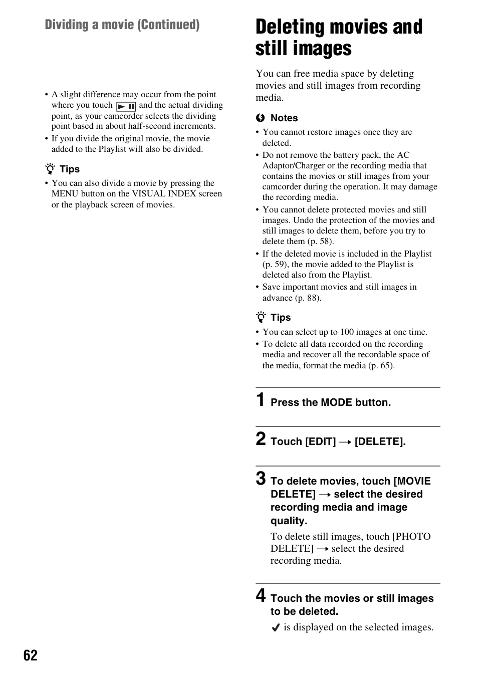 Deleting movies and still images, Dividing a movie ( continued) | Sony 4-157-878-12(1) User Manual | Page 62 / 128