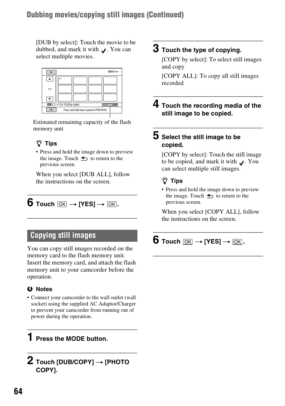 Copying still images, Dubbing movies/copying still images ( continued) | Sony 4-157-878-12(1) User Manual | Page 64 / 128