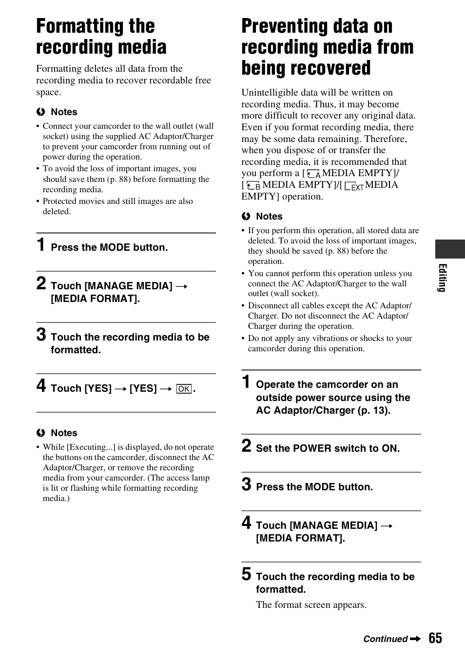 Formatting the recording media, P. 65), A (p. 65) | Sony 4-157-878-12(1) User Manual | Page 65 / 128