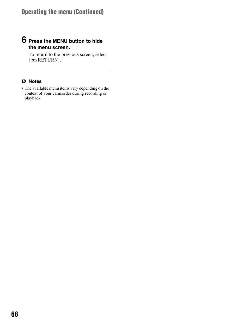 Operating the menu (continued) | Sony 4-157-878-12(1) User Manual | Page 68 / 128