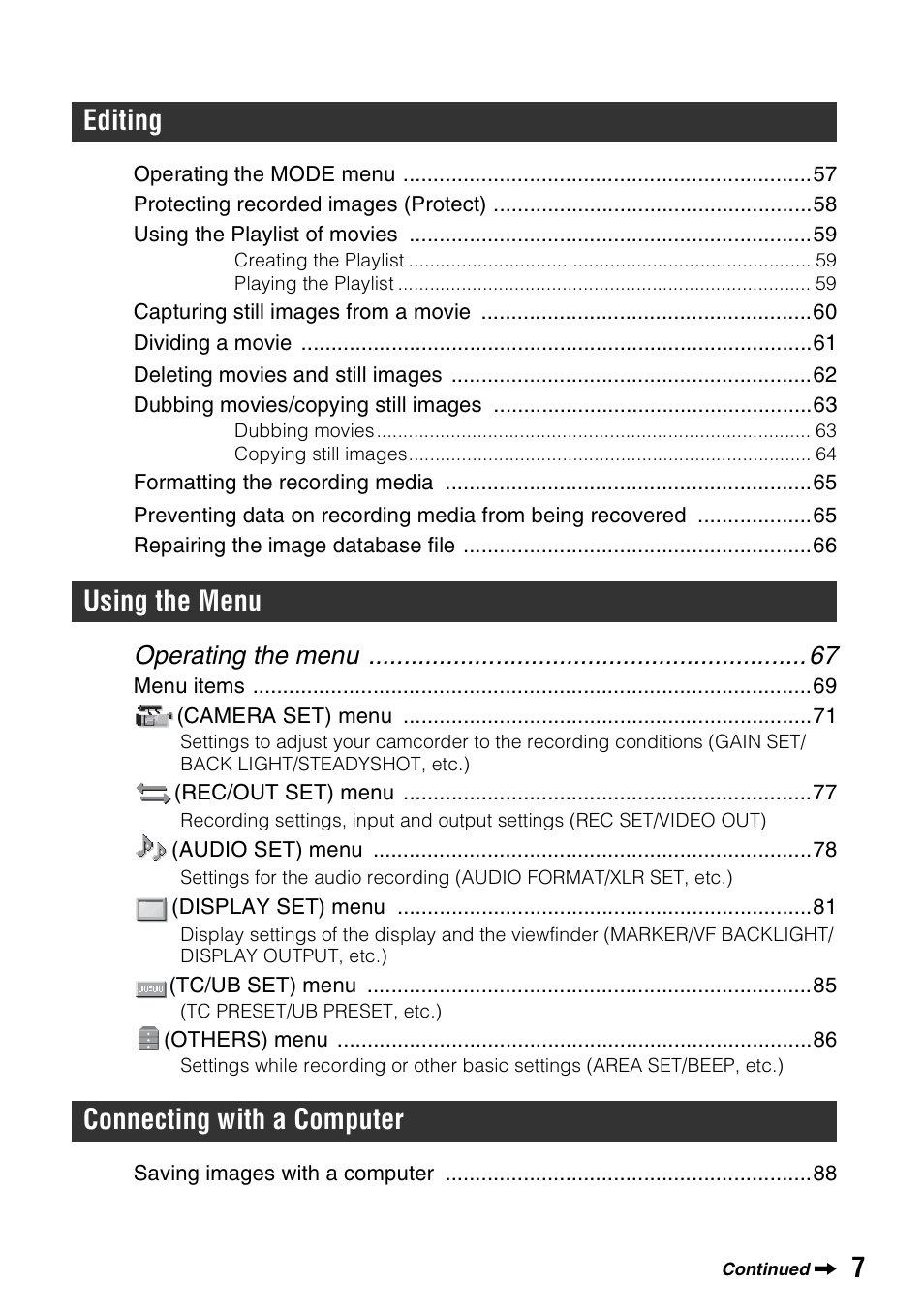 Editing using the menu connecting with a computer, Operating the menu | Sony 4-157-878-12(1) User Manual | Page 7 / 128