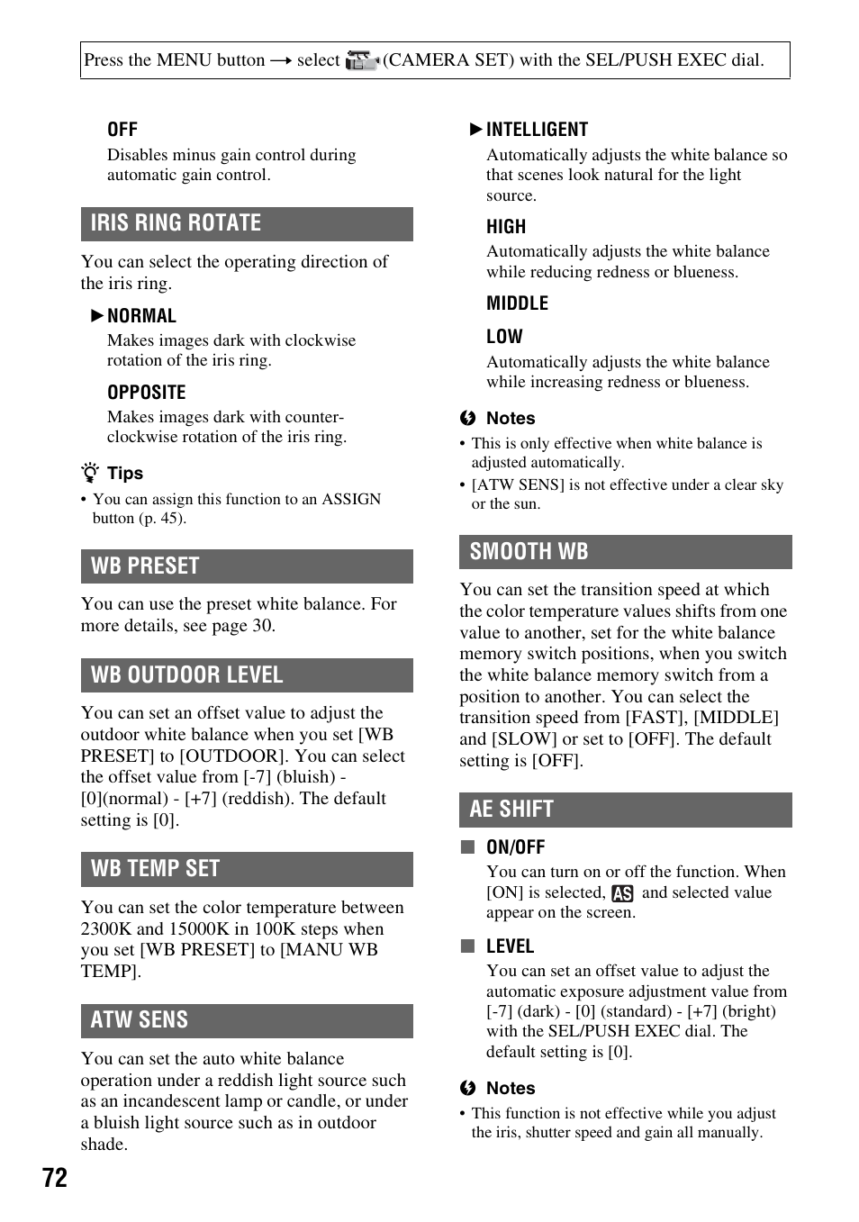 P. 72, P. 72), Iris ring rotate | Wb preset, Wb outdoor level, Wb temp set, Atw sens, Smooth wb, Ae shift | Sony 4-157-878-12(1) User Manual | Page 72 / 128