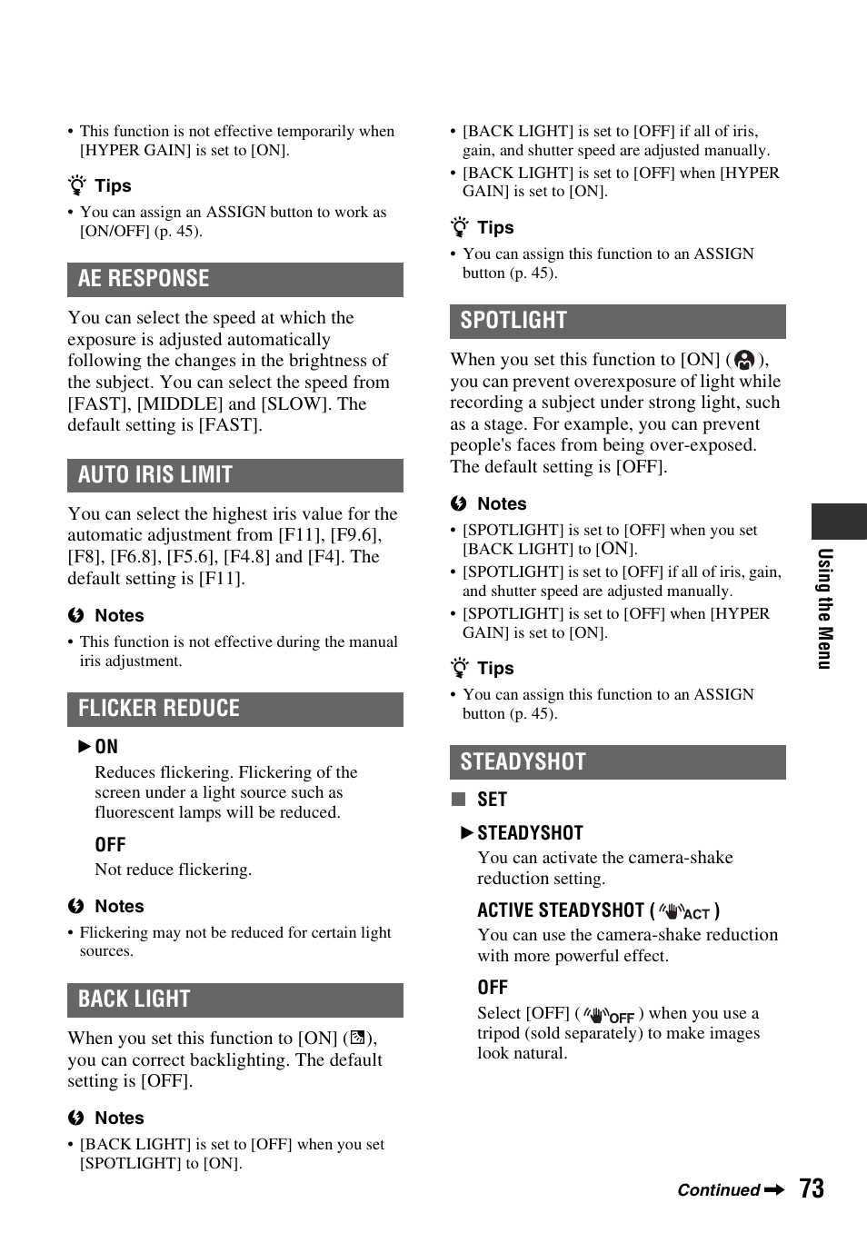 P. 73), Ae response, Auto iris limit | Flicker reduce, Back light, Spotlight, Steadyshot, Back light/steadyshot, et | Sony 4-157-878-12(1) User Manual | Page 73 / 128