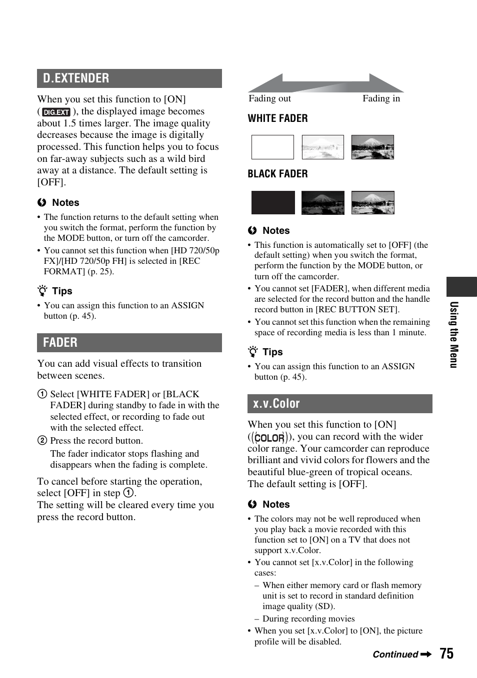 P. 75), D.extender, Fader | X.v.color, D.extender fader x.v.color | Sony 4-157-878-12(1) User Manual | Page 75 / 128