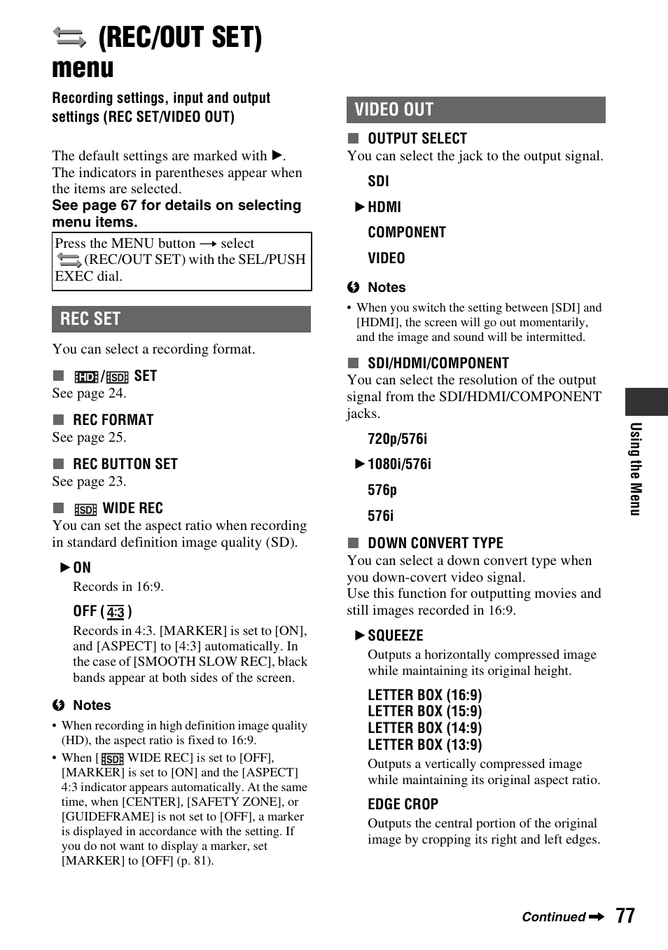 Rec/out set) menu, P. 77), Rec set | Video out | Sony 4-157-878-12(1) User Manual | Page 77 / 128