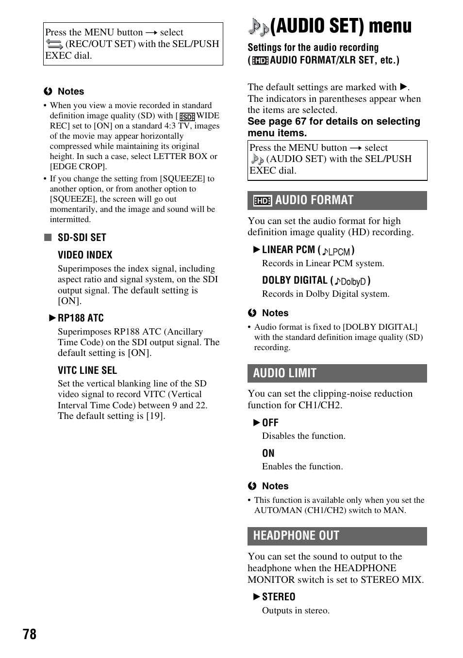 Audio set) menu, L (p. 78, Audio set (p. 78) | P. 78), Audio format, Audio limit, Headphone out, Audio format audio limit headphone out | Sony 4-157-878-12(1) User Manual | Page 78 / 128