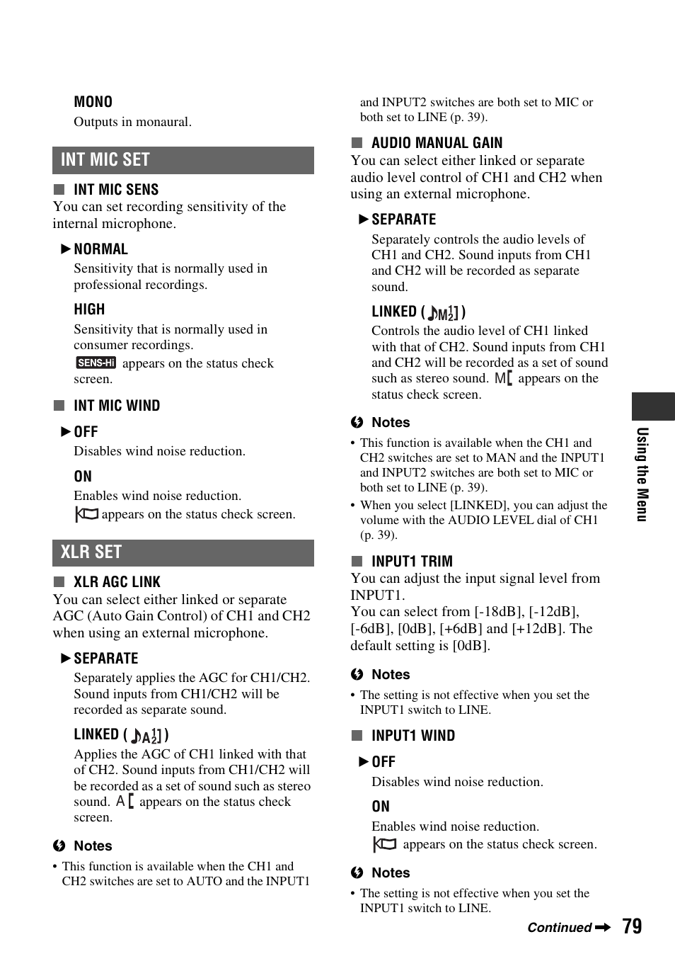 Int mic set, Xlr set, Int mic set xlr set | Sony 4-157-878-12(1) User Manual | Page 79 / 128
