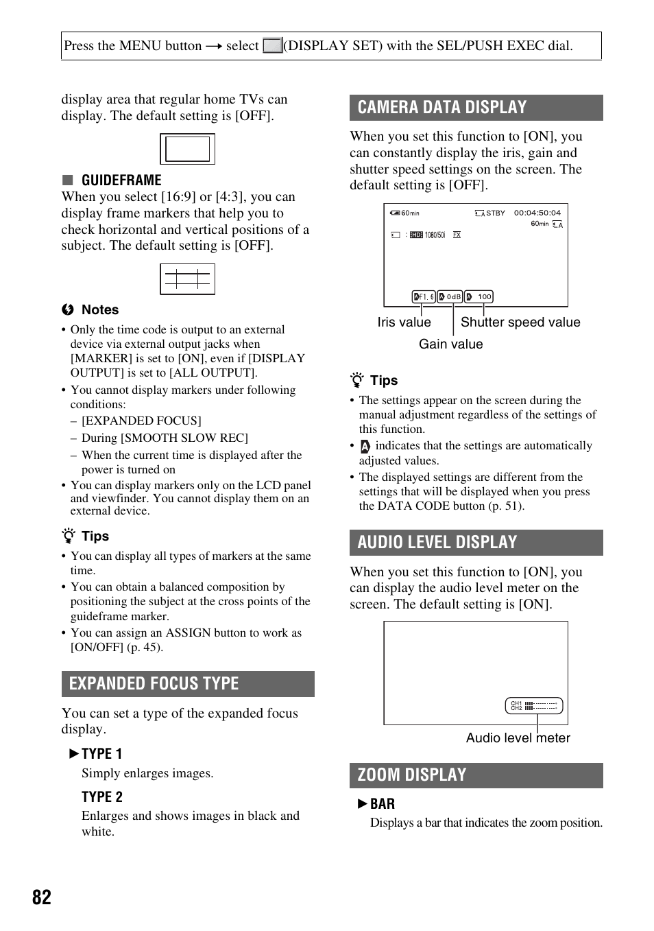 Expanded focus type, Camera data display, Audio level display | Zoom display | Sony 4-157-878-12(1) User Manual | Page 82 / 128
