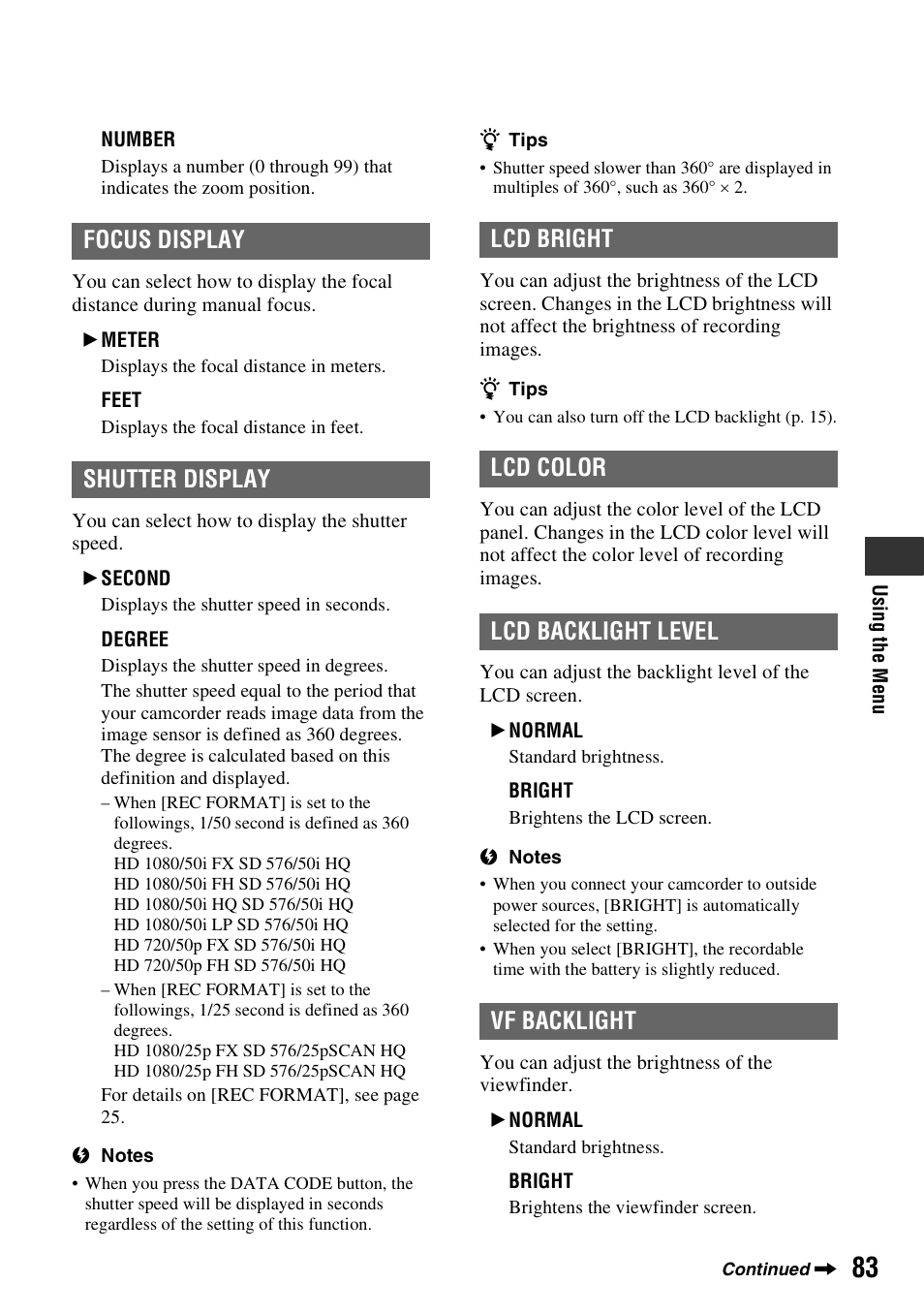 P. 83), Focus display, Shutter display | Lcd bright, Lcd color, Lcd backlight level, Vf backlight | Sony 4-157-878-12(1) User Manual | Page 83 / 128