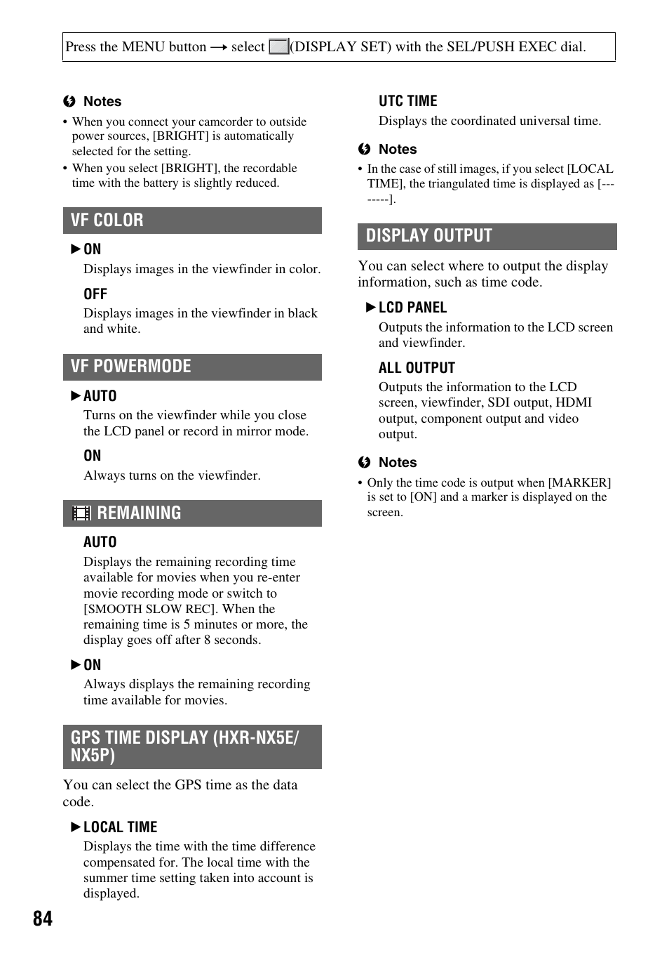 P. 84), Vf color, Vf powermode | Remaining, Display output | Sony 4-157-878-12(1) User Manual | Page 84 / 128