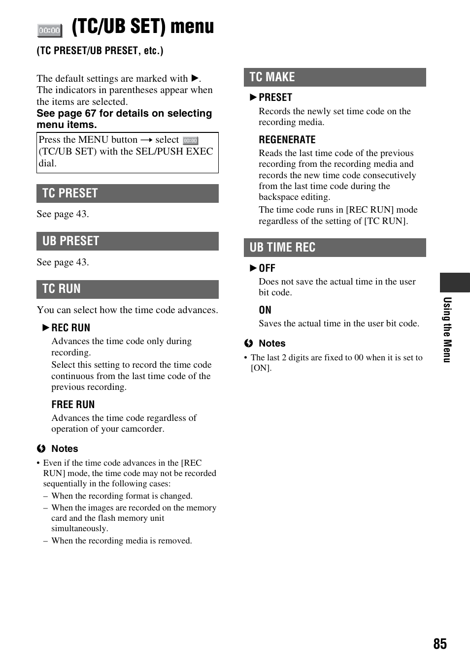 Tc/ub set) menu, Tc preset/ub preset, etc.), P. 85) | Tc preset, Ub preset, Tc run, Tc make, Ub time rec | Sony 4-157-878-12(1) User Manual | Page 85 / 128