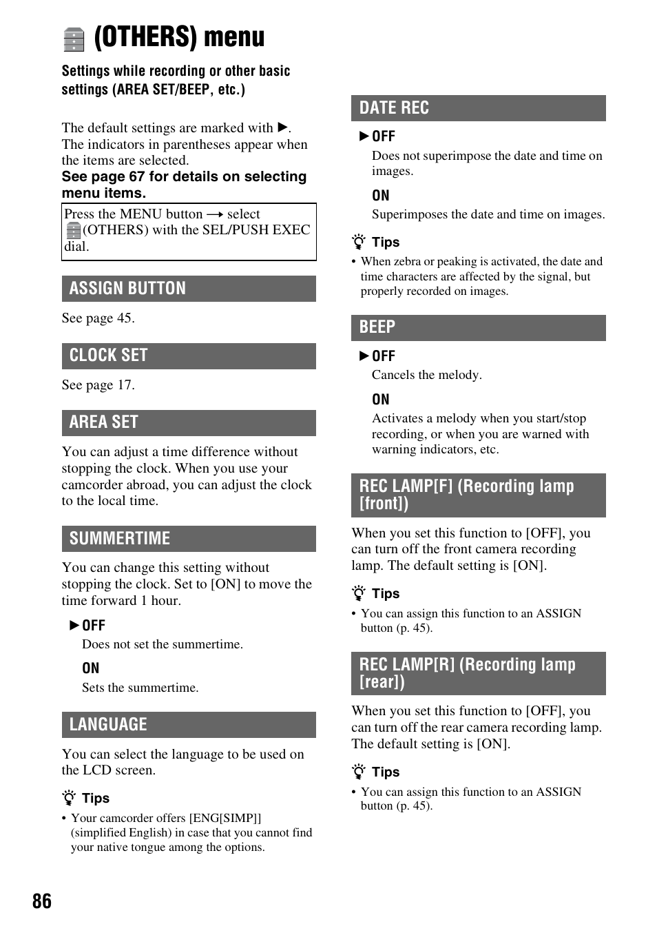 Others) menu, P. 86), P. 86 | Assign button, Clock set, Area set, Summertime, Language, Date rec, Beep | Sony 4-157-878-12(1) User Manual | Page 86 / 128