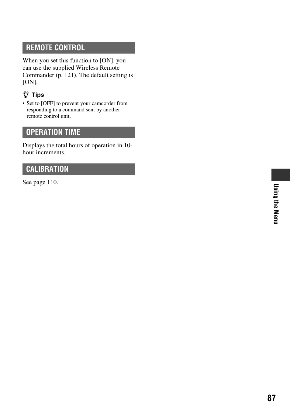 Remote control, Operation time, Calibration | Sony 4-157-878-12(1) User Manual | Page 87 / 128