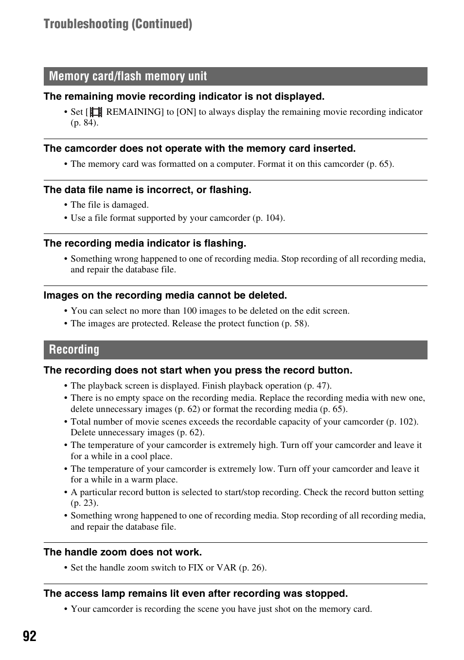 Memory card/flash memory unit···p. 92, Recording, P. 92 | Troubleshooting (continued) | Sony 4-157-878-12(1) User Manual | Page 92 / 128