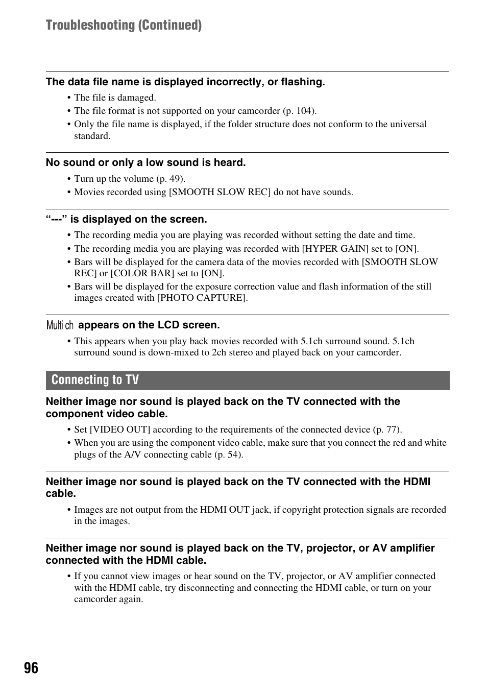 Connecting to tv, P. 96, Troubleshooting (continued) | Sony 4-157-878-12(1) User Manual | Page 96 / 128