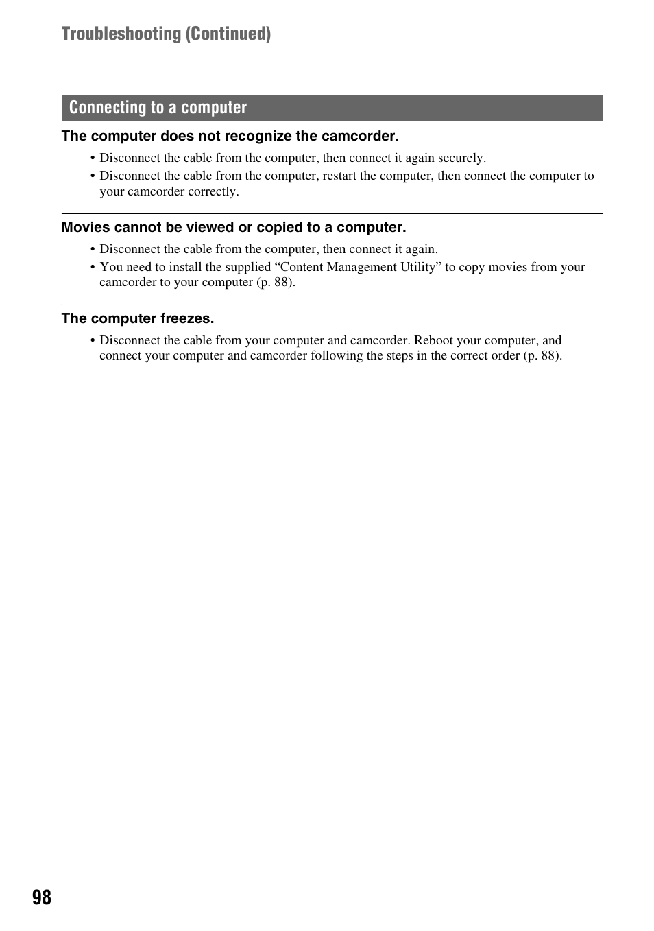 Connecting to a computer, P. 98, Troubleshooting (continued) | Sony 4-157-878-12(1) User Manual | Page 98 / 128