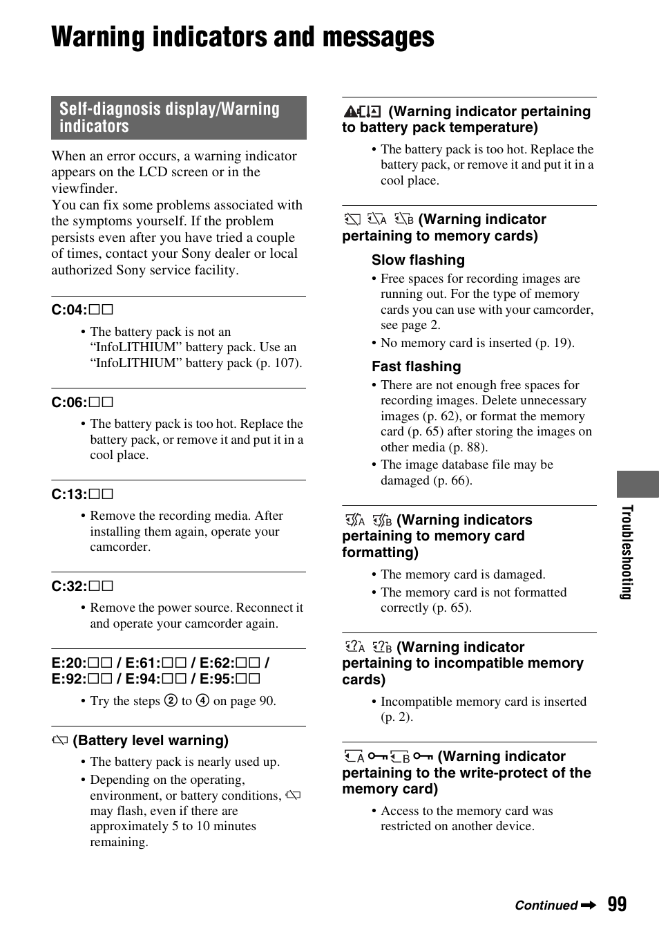 Warning indicators and messages, Self-diagnosis display/warning indicators | Sony 4-157-878-12(1) User Manual | Page 99 / 128
