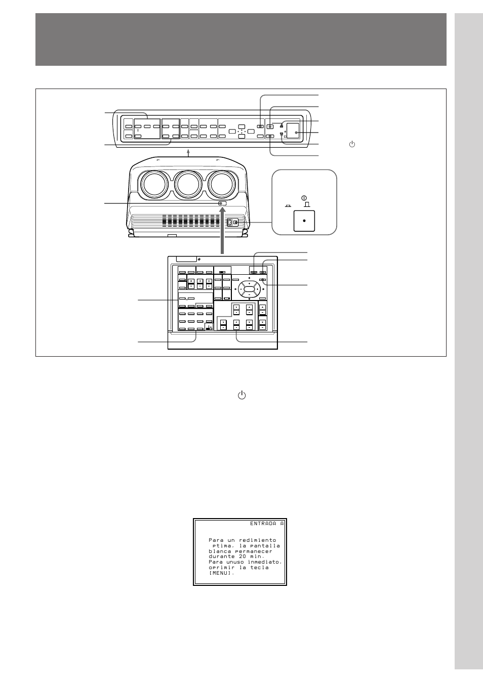 Proyección (e), Proyección, Pr o y ección | Main power, On/ off, Tecla menu panel de control tecla menu | Sony VPH-D50QM User Manual | Page 105 / 132