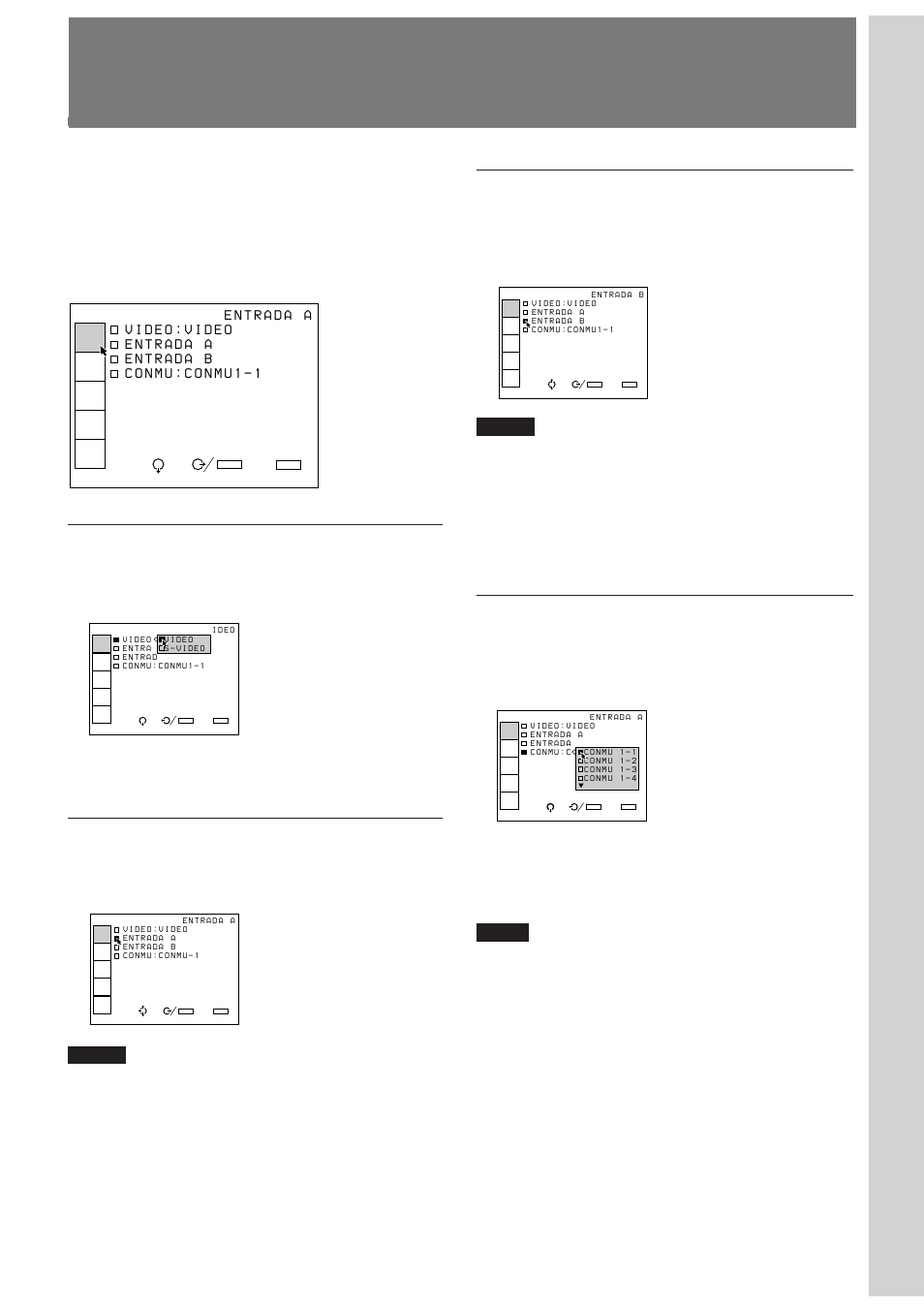 Menú selec entra (e), Menú selec entra, Realización de ajustes con los menús | Video, Entrada a, Entrada b, Conmu | Sony VPH-D50QM User Manual | Page 113 / 132