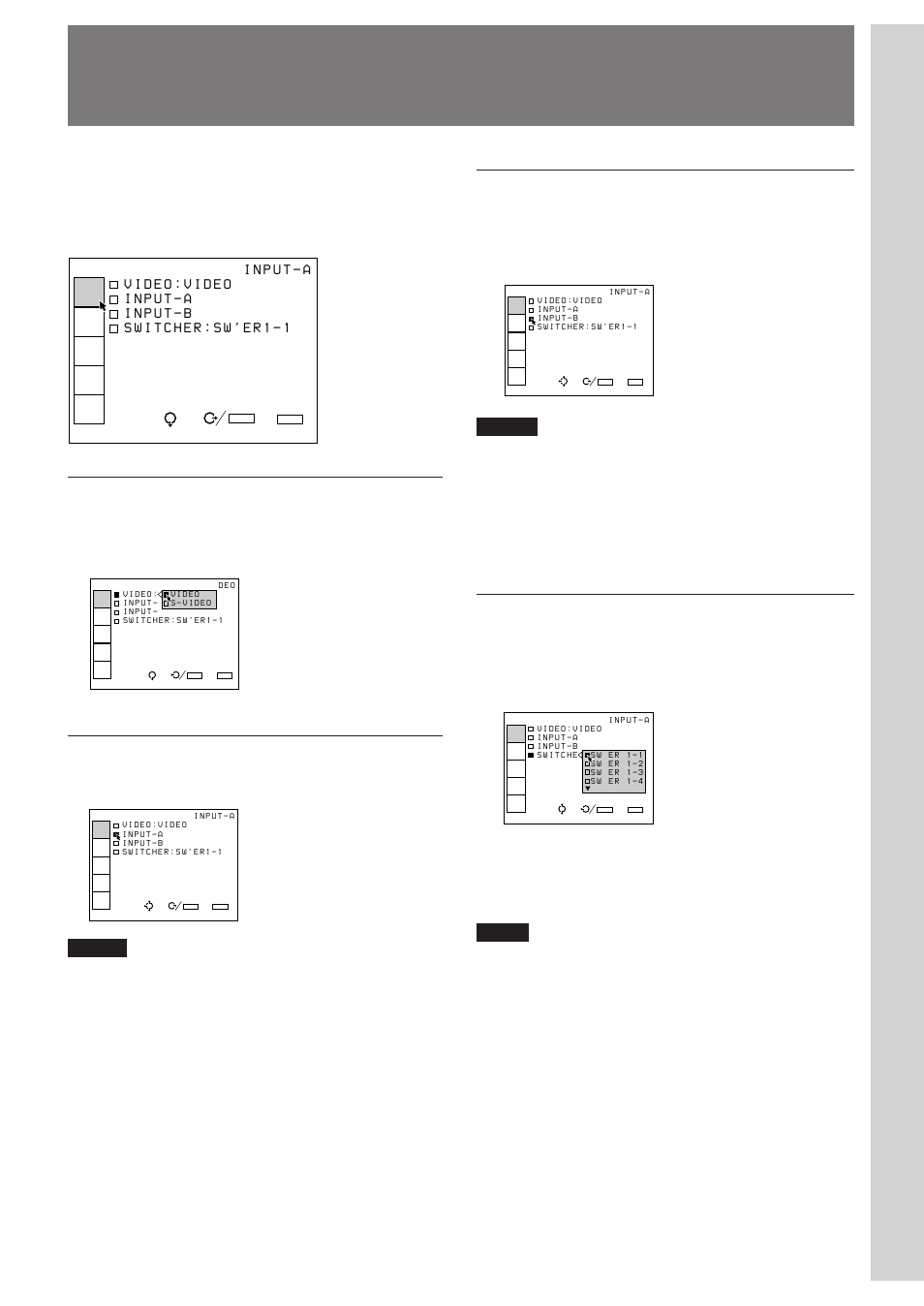 The input select menu (en), The input select menu, Adjustments and settings using the men u | Video, Input-a, Input-b, Switcher | Sony VPH-D50QM User Manual | Page 25 / 132