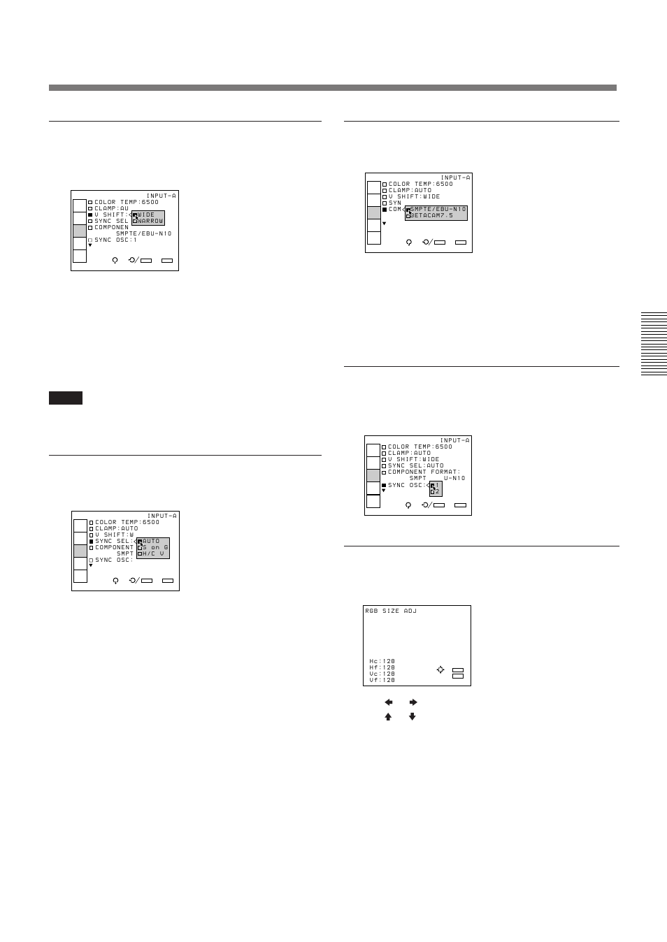 V (vertical) shift, Sync sel (select), Component format | Sync osc (oscillation), Rgb size | Sony VPH-D50QM User Manual | Page 29 / 132