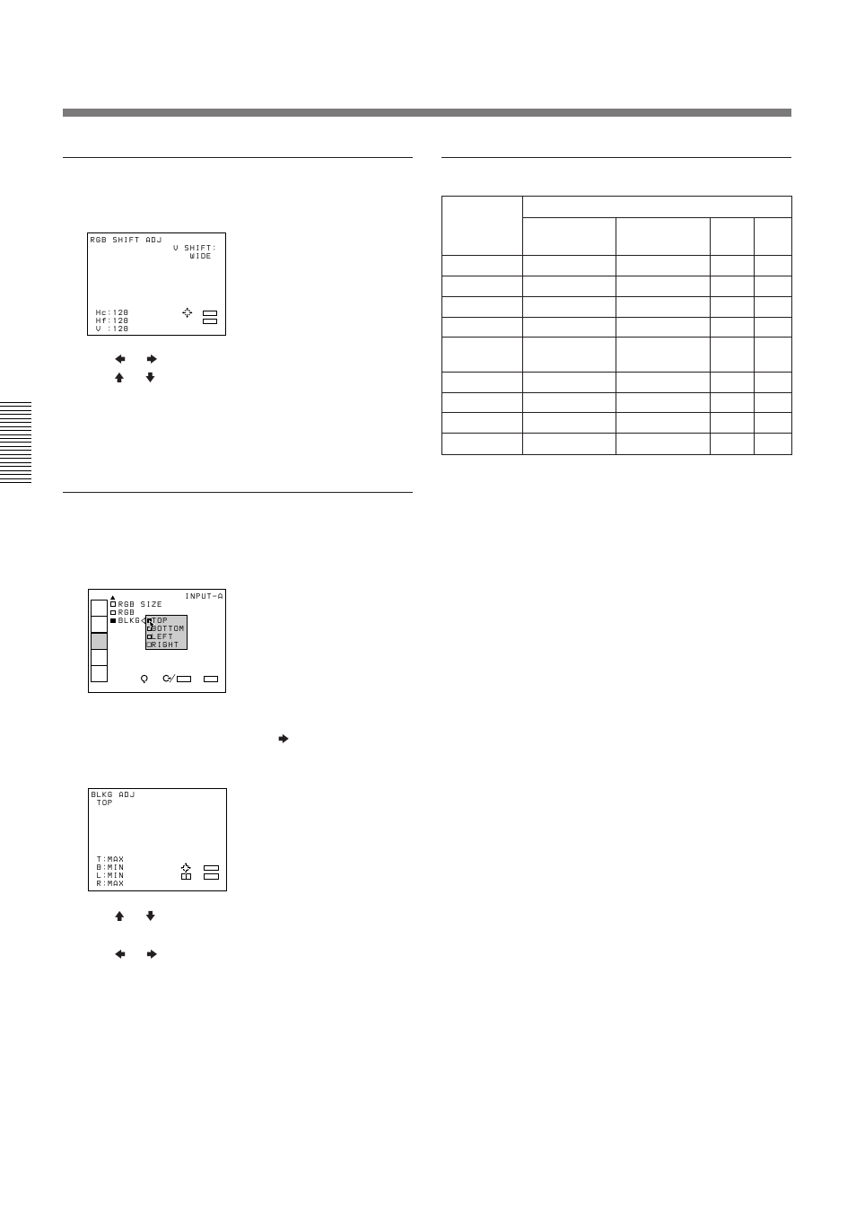 The input setting menu, Rgb shift, Blkg (blanking) | Input signals and adjustable/setting items | Sony VPH-D50QM User Manual | Page 30 / 132