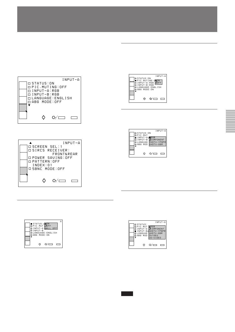 The set setting menu (en), The set setting menu, Pic. (picture) muting | Input-a, Input b, Status, Signal. hdtv-gbr: inputs the hdtv(gbr) signal | Sony VPH-D50QM User Manual | Page 31 / 132