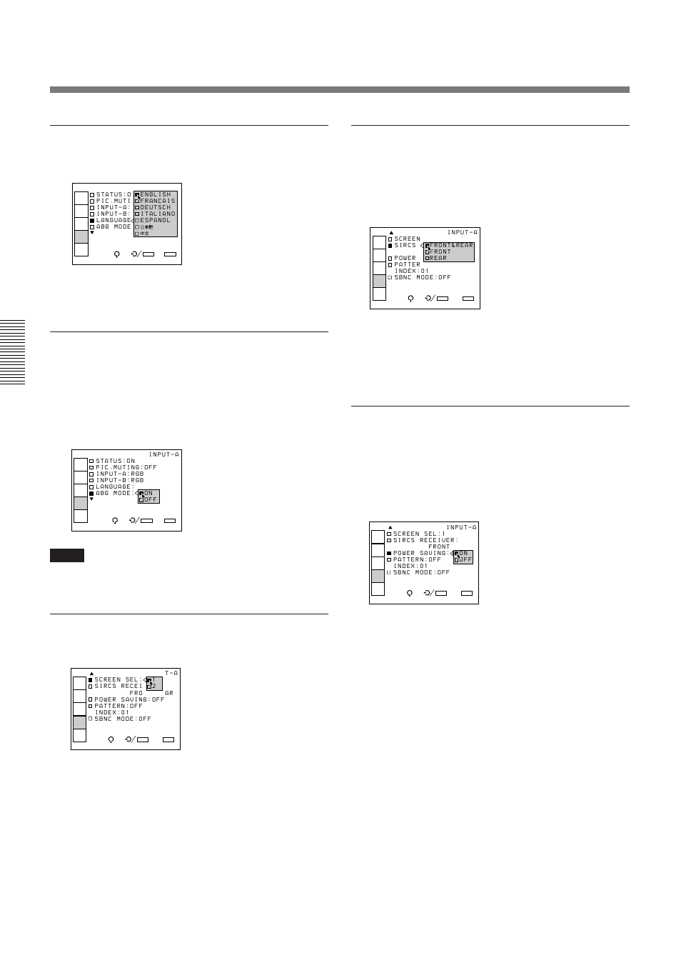 The set setting menu, Language, Abg (automatic background) mode | Screen sel (select), Sircs receiver, Power saving | Sony VPH-D50QM User Manual | Page 32 / 132