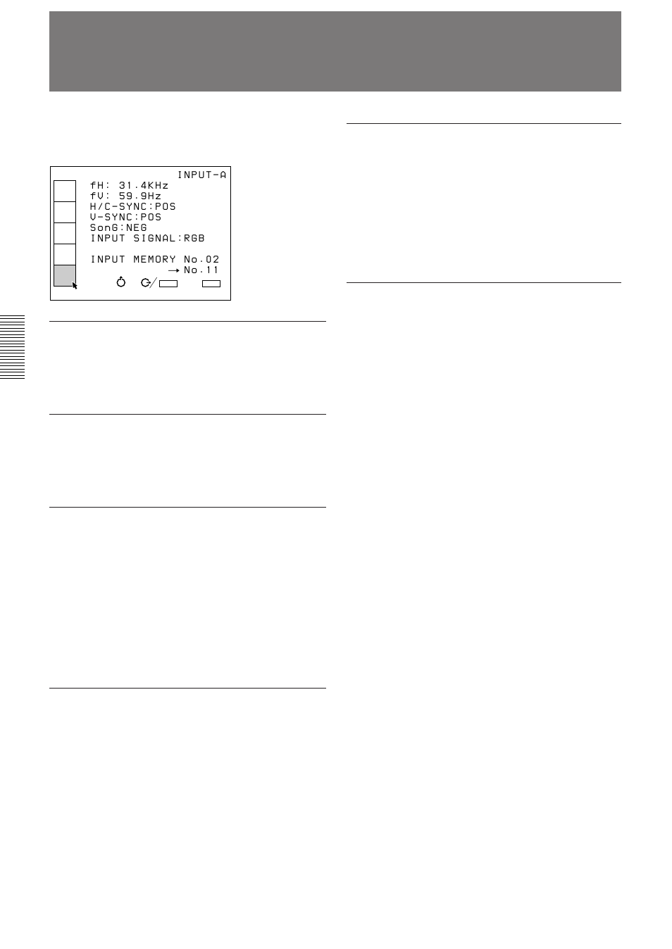 The input info (information) menu (en), The input info (information) menu, Fh (horizontal frequency) | Fv (vertical frequency), H/c (horizontal/composite)-sync, V (vertical)-sync, Song (sync on green), Input signal | Sony VPH-D50QM User Manual | Page 34 / 132