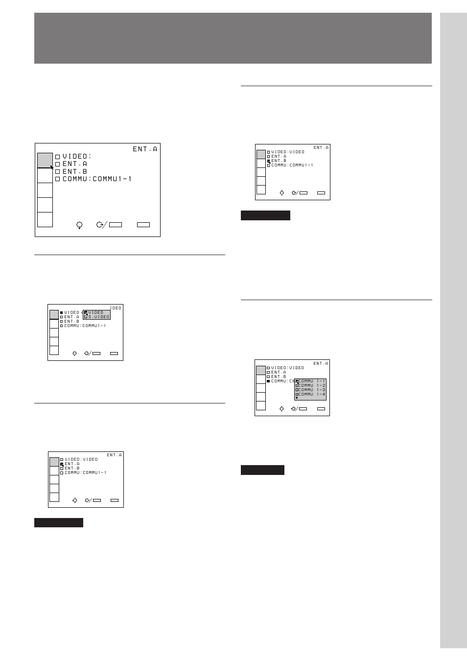 Le menu select. ent (f), Le menu select. ent, Ajustements et régla g es à láide du men u | Video, Ent. a, Ent. b, Commu | Sony VPH-D50QM User Manual | Page 69 / 132