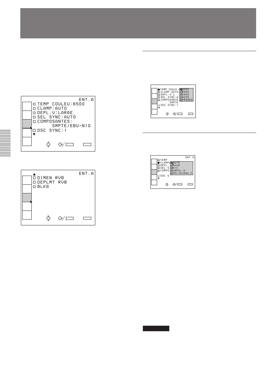 Le menu regl entree (f), Le menu regl entree, Temp couleu | Clamp | Sony VPH-D50QM User Manual | Page 72 / 132