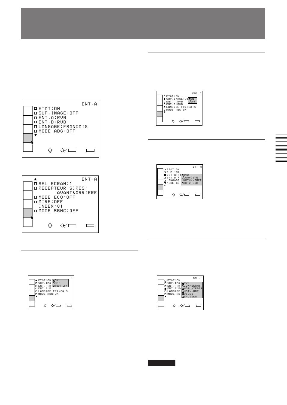 Le menu reglage (f), Le menu reglage, Etat | Sup. image, Ent. a, Ent. b, Hdtv-gbr: entrée du signal hdtv (gbr) | Sony VPH-D50QM User Manual | Page 75 / 132