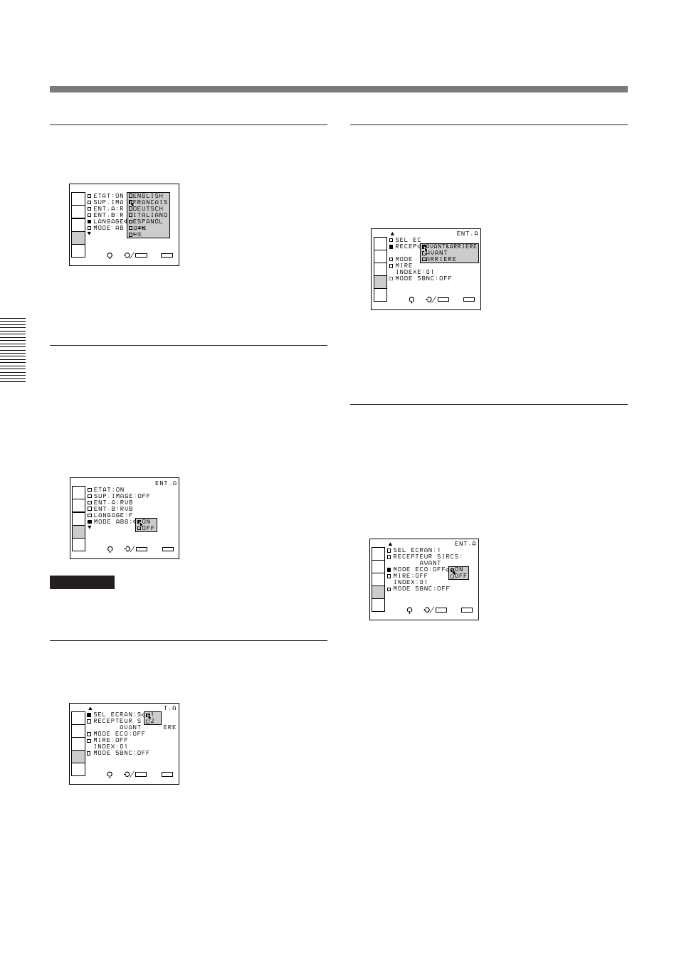 Le menu reglage, Langage, Mode abg | Sel ecran, Recepteur sircs, Mode eco | Sony VPH-D50QM User Manual | Page 76 / 132