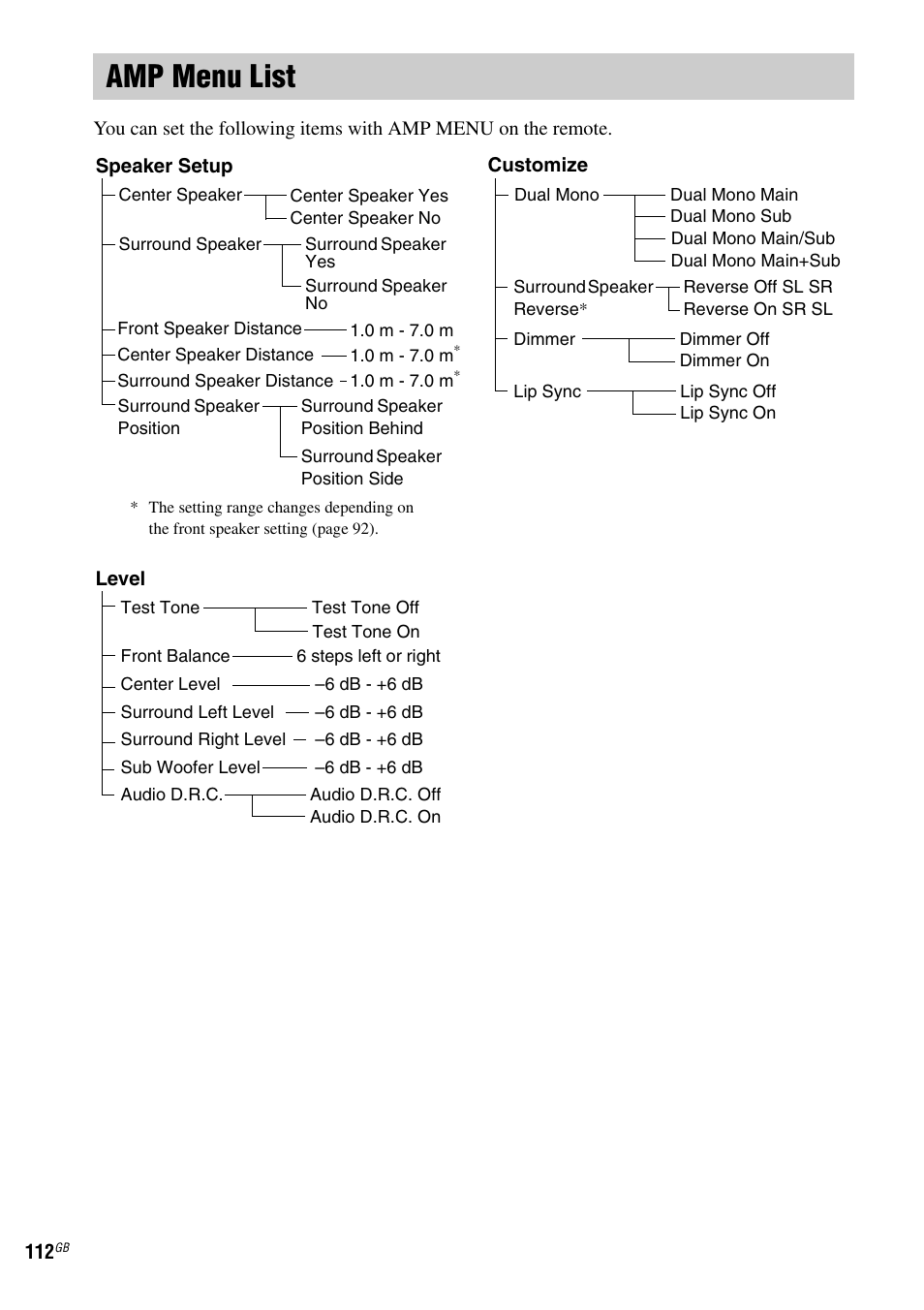 Amp menu list | Sony DAV-LF1 User Manual | Page 112 / 116