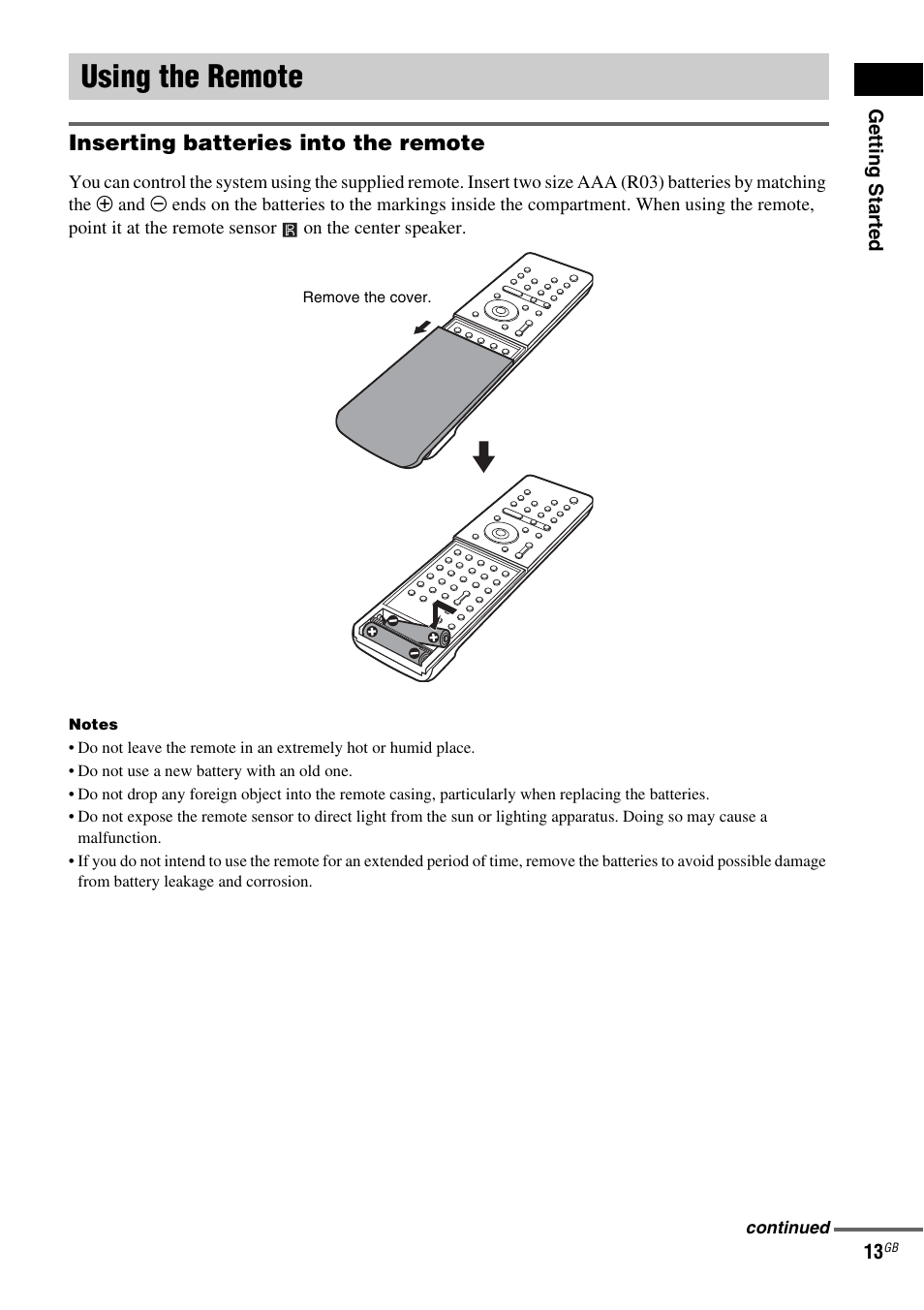 Using the remote, Inserting batteries into the remote | Sony DAV-LF1 User Manual | Page 13 / 116