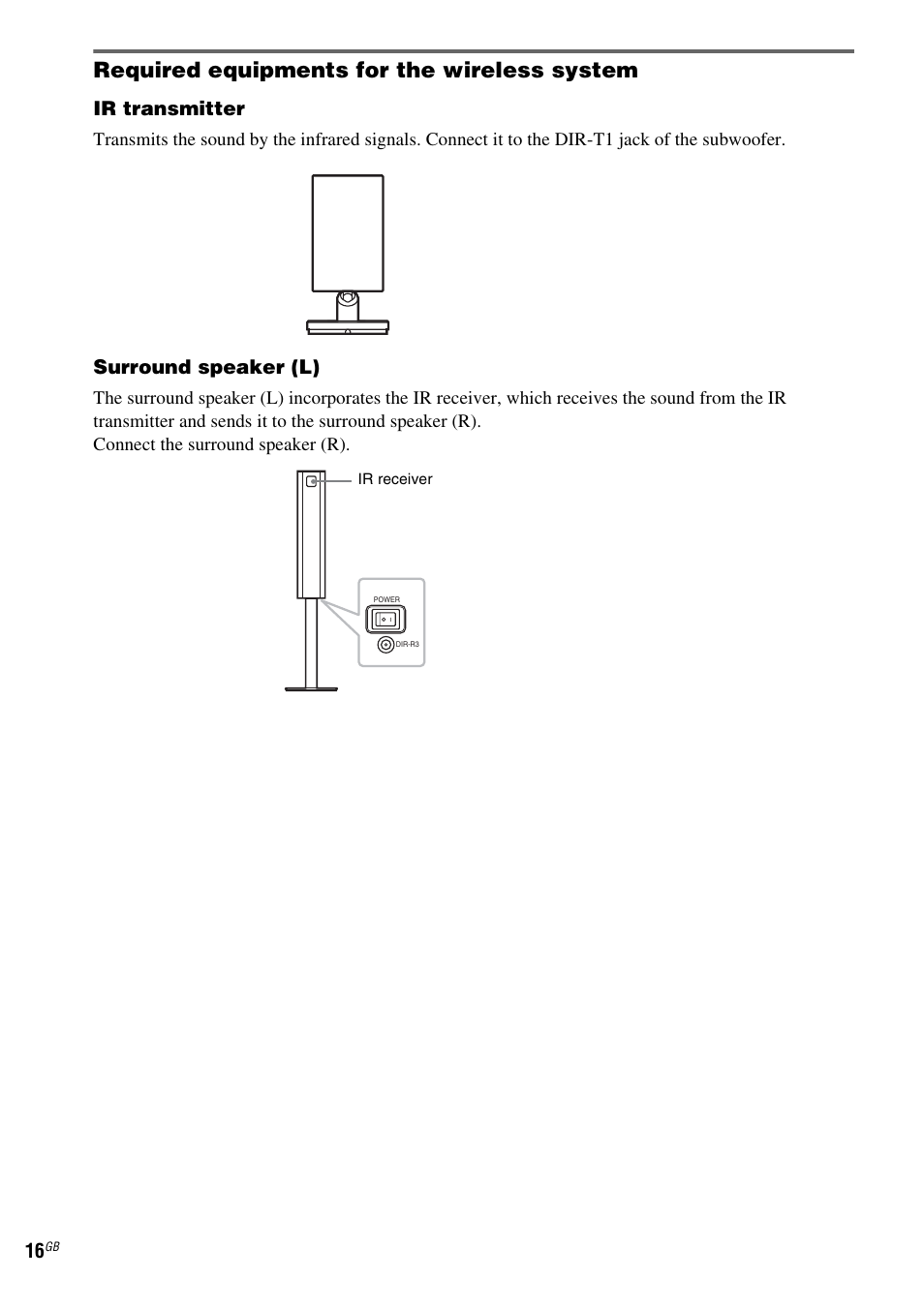 Required equipments for the wireless system, Ir transmitter, Surround speaker (l) | Sony DAV-LF1 User Manual | Page 16 / 116