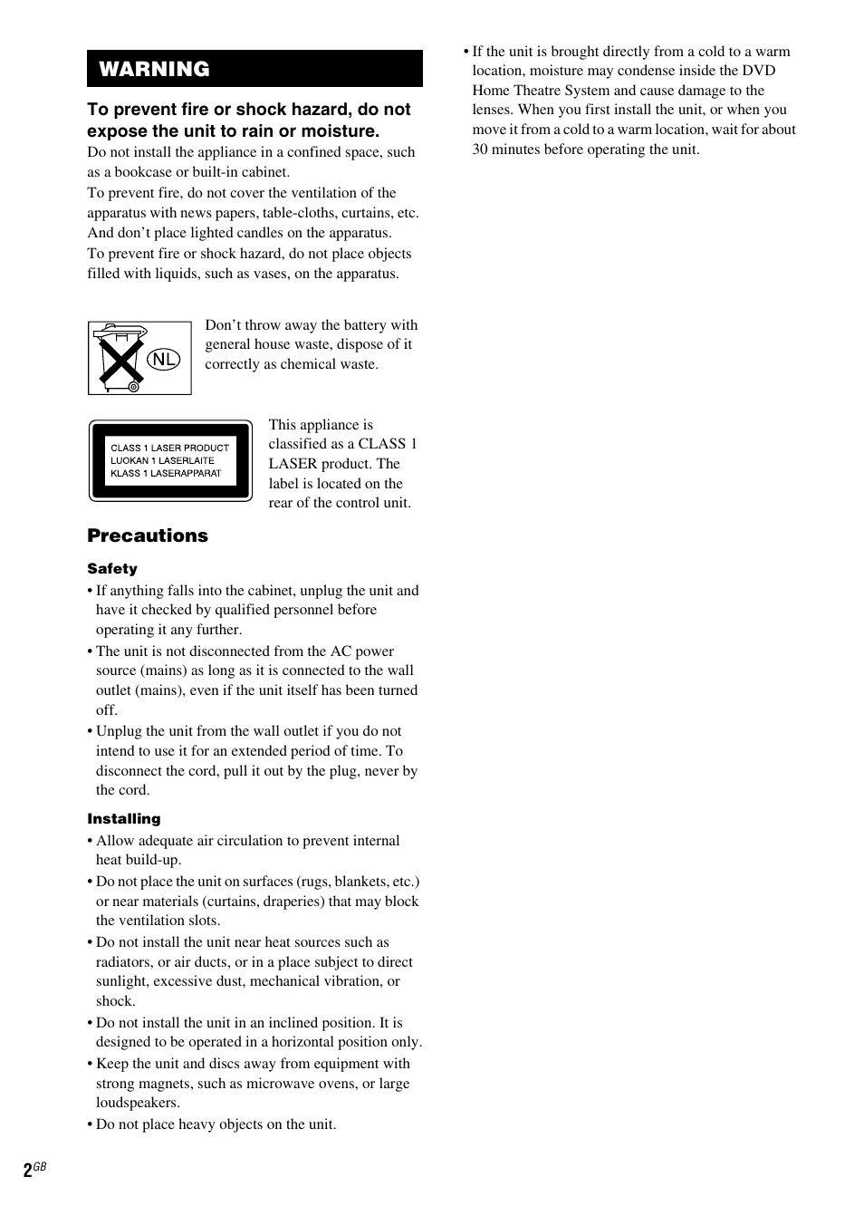 Warning | Sony DAV-LF1 User Manual | Page 2 / 116