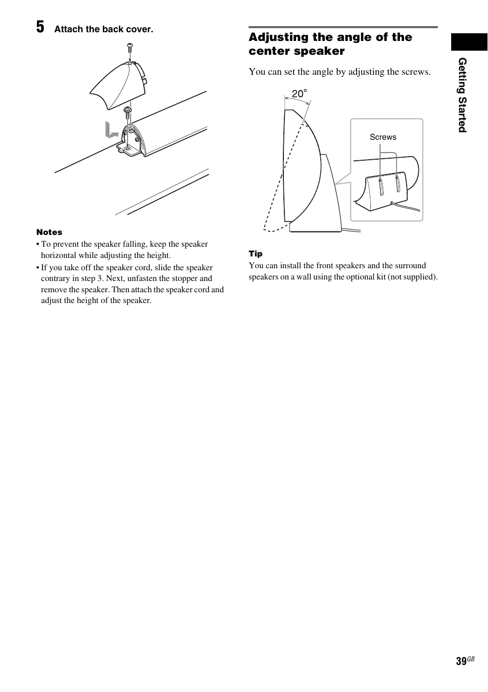 Adjusting the angle of the center speaker | Sony DAV-LF1 User Manual | Page 39 / 116