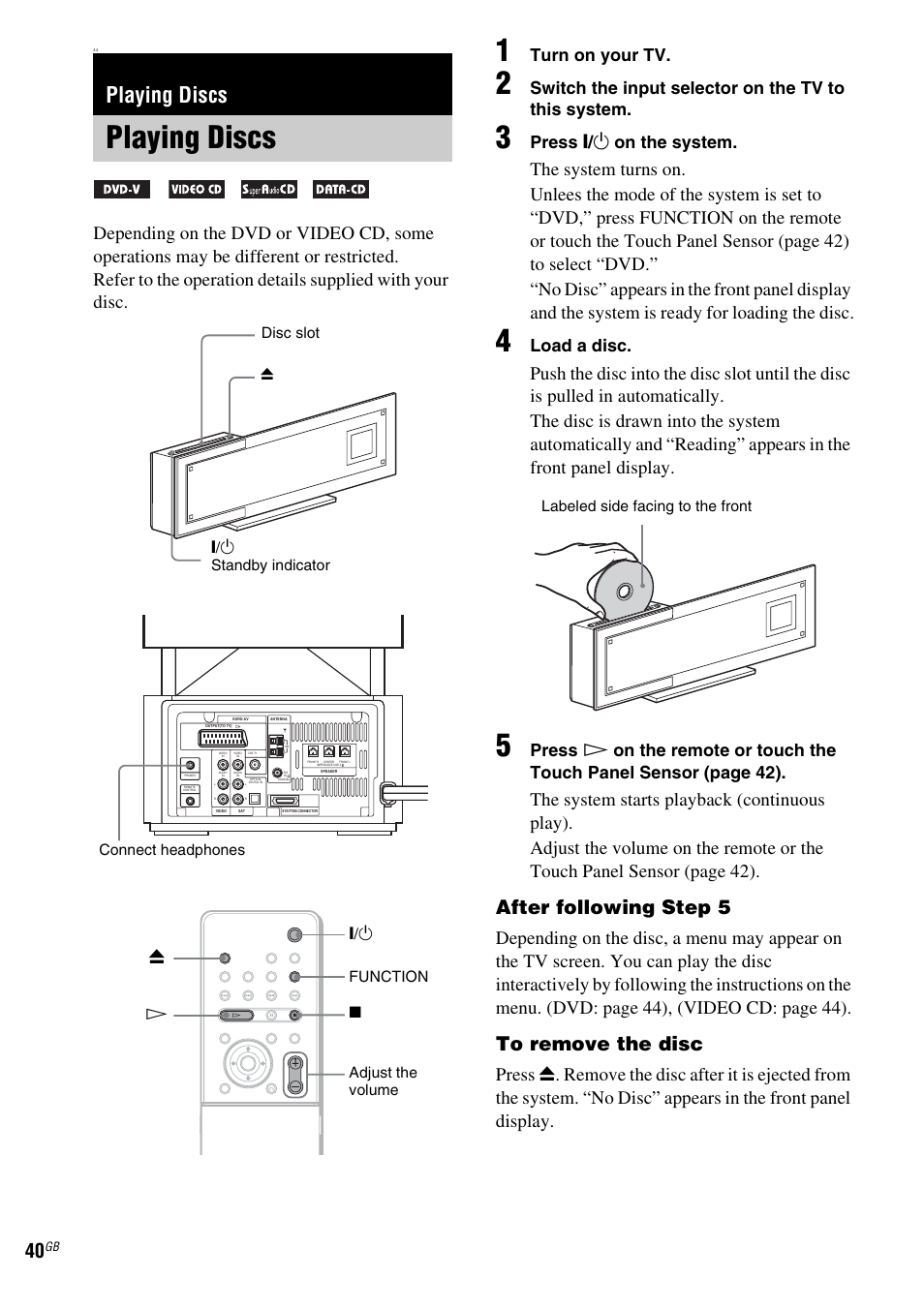 Playing discs, After following step 5, Turn on your tv | Switch the input selector on the tv to this system, Press " / 1 on the system, Load a disc, 1 standby indicator z "/1 h disc slot function | Sony DAV-LF1 User Manual | Page 40 / 116