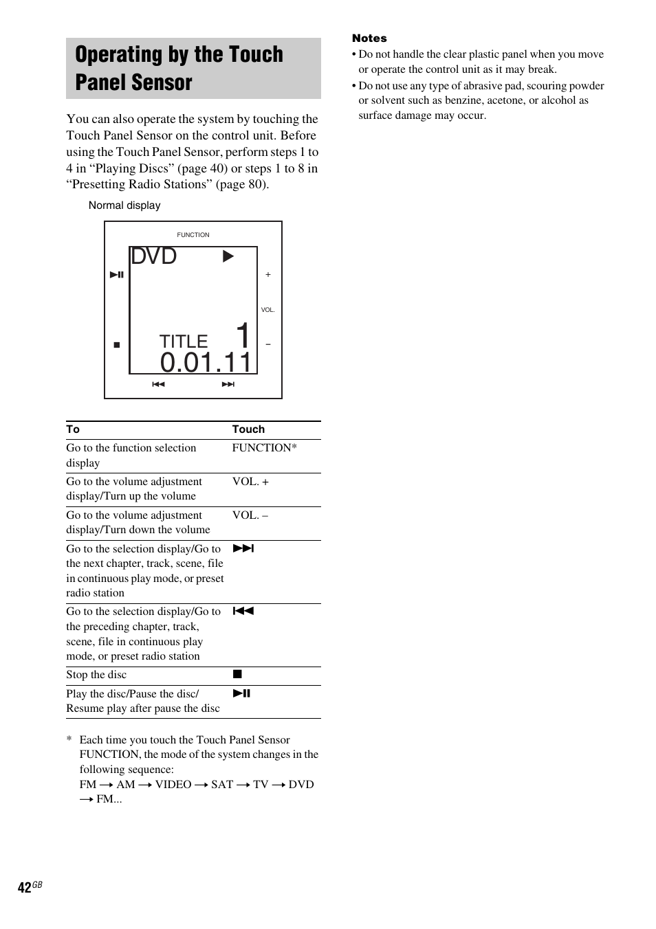 Operating by the touch panel sensor, Operating by the touch panel, Sensor | Title | Sony DAV-LF1 User Manual | Page 42 / 116