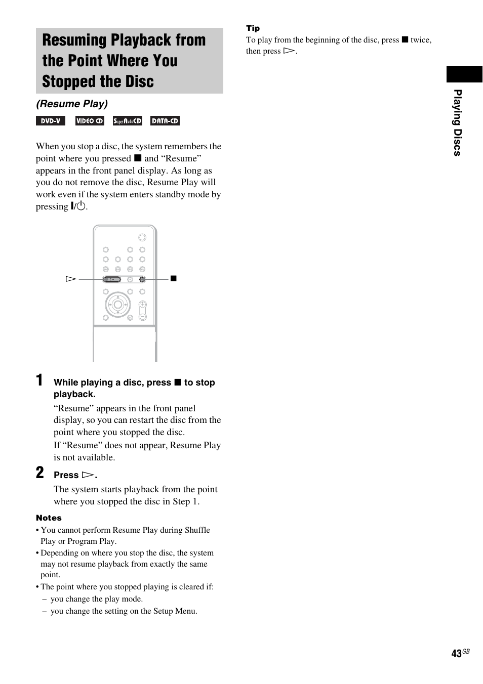 Resume play), Resuming playback from the point where, You stopped the disc (resume play) | Sony DAV-LF1 User Manual | Page 43 / 116