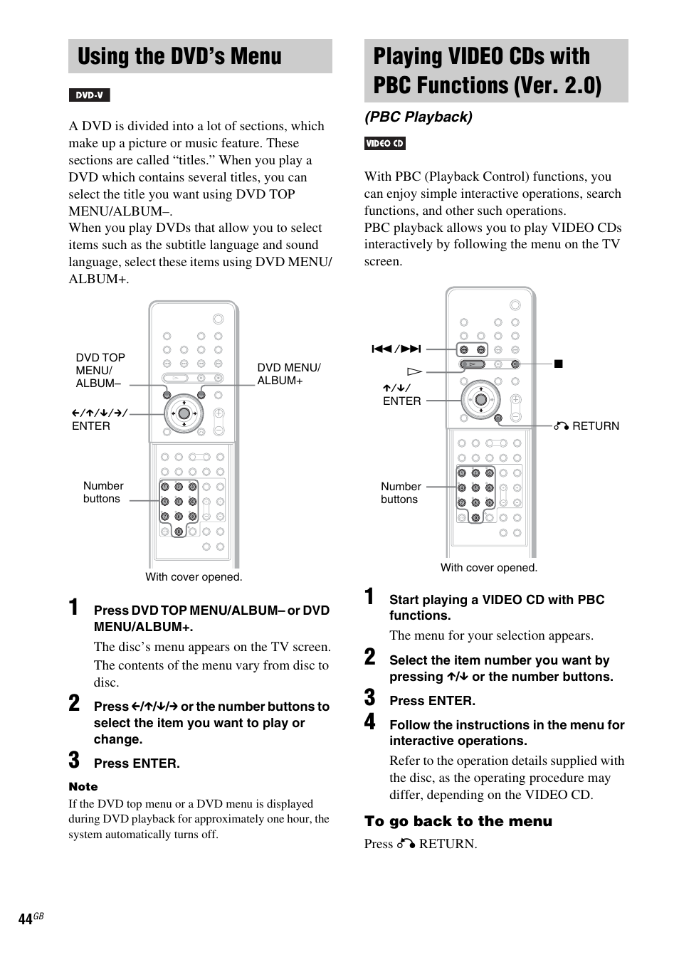 Using the dvd’s menu, Playing video cds with pbc functions (ver. 2.0), Pbc playback) | Ver. 2.0) (pbc playback) | Sony DAV-LF1 User Manual | Page 44 / 116