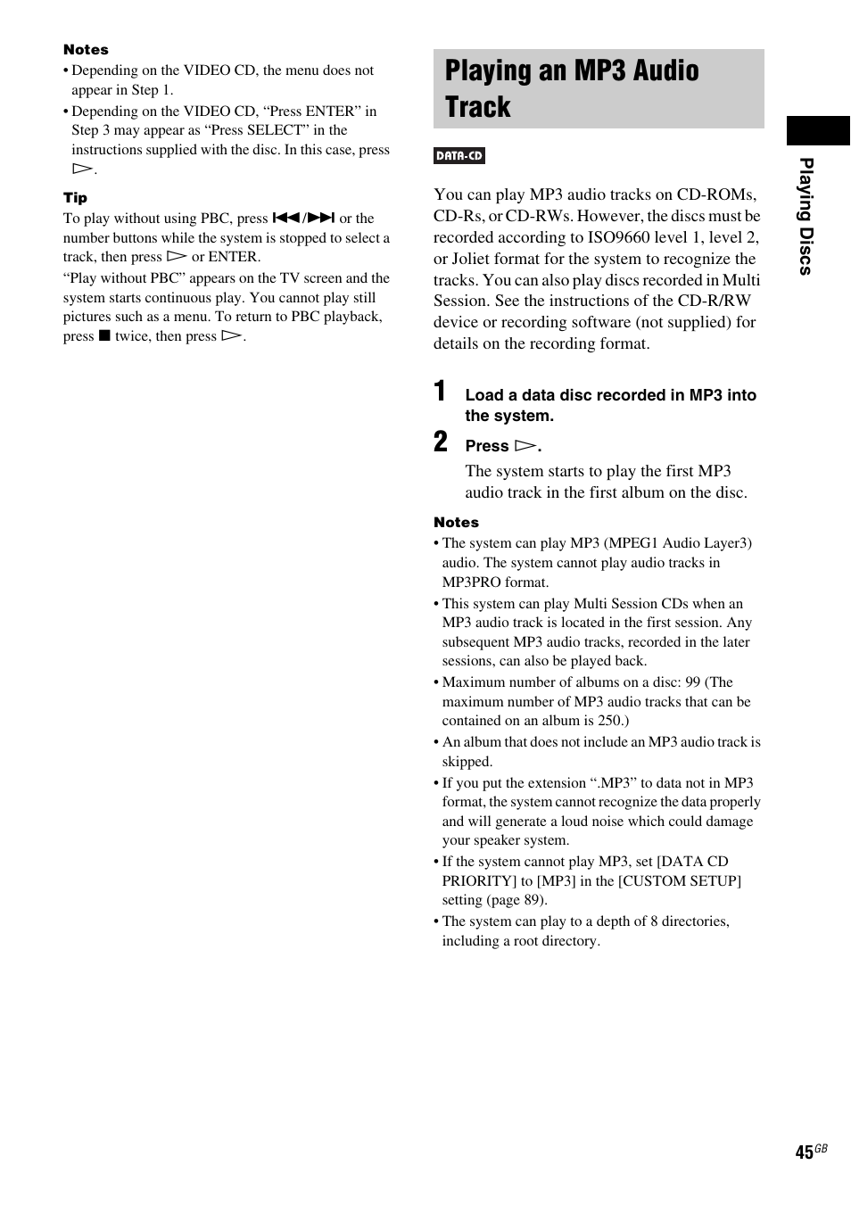 Playing an mp3 audio track | Sony DAV-LF1 User Manual | Page 45 / 116