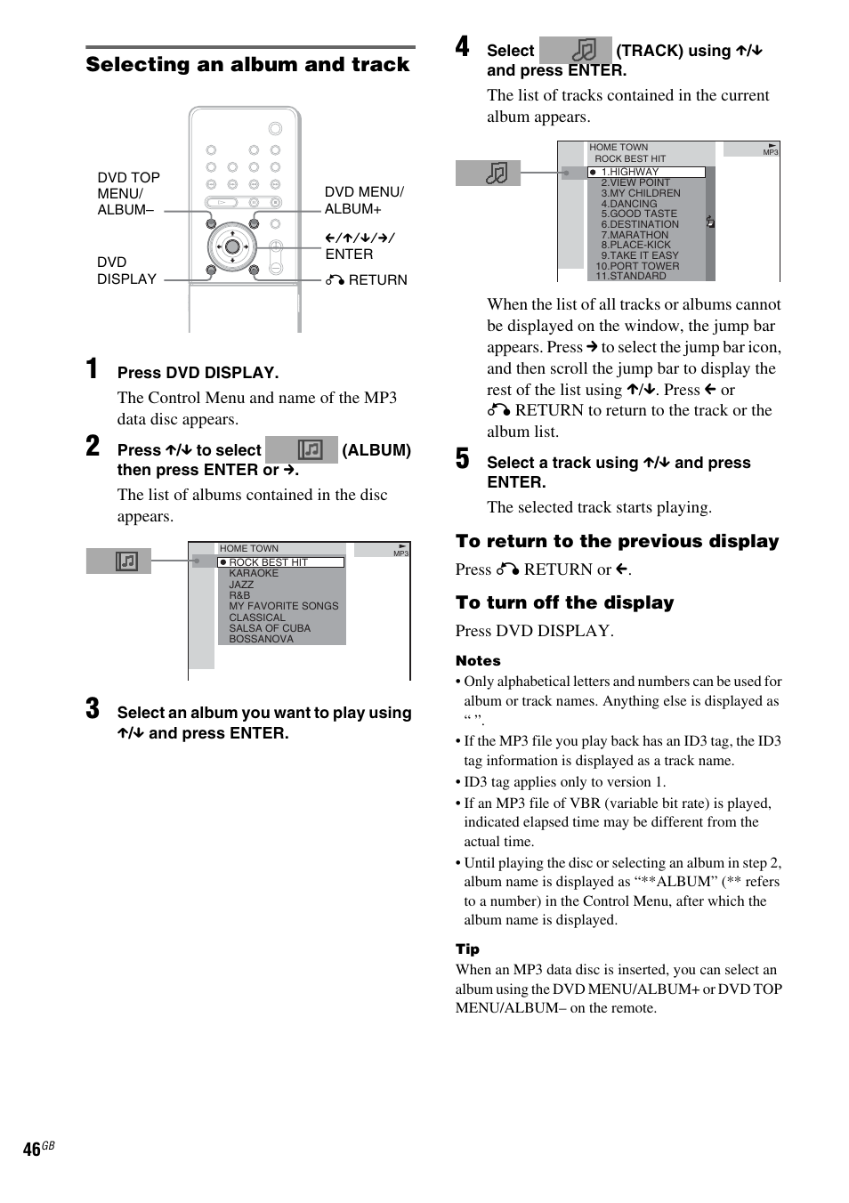 Selecting an album and track | Sony DAV-LF1 User Manual | Page 46 / 116