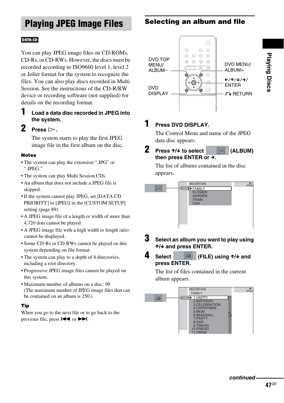 Playing jpeg image files, Selecting an album and file | Sony DAV-LF1 User Manual | Page 47 / 116