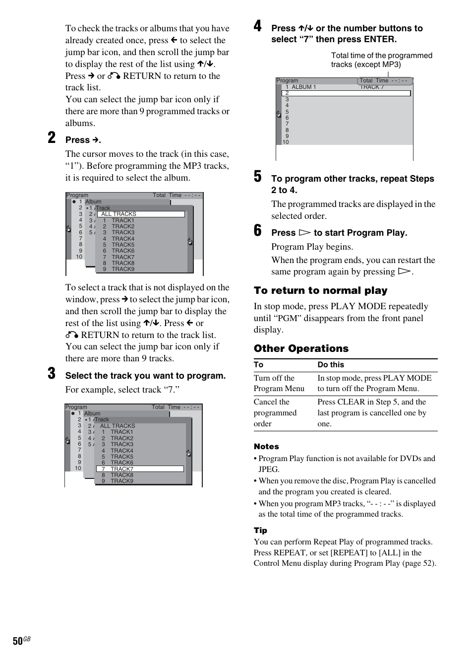 Other operations, For example, select track “7, Disappears from the front panel display | Sony DAV-LF1 User Manual | Page 50 / 116