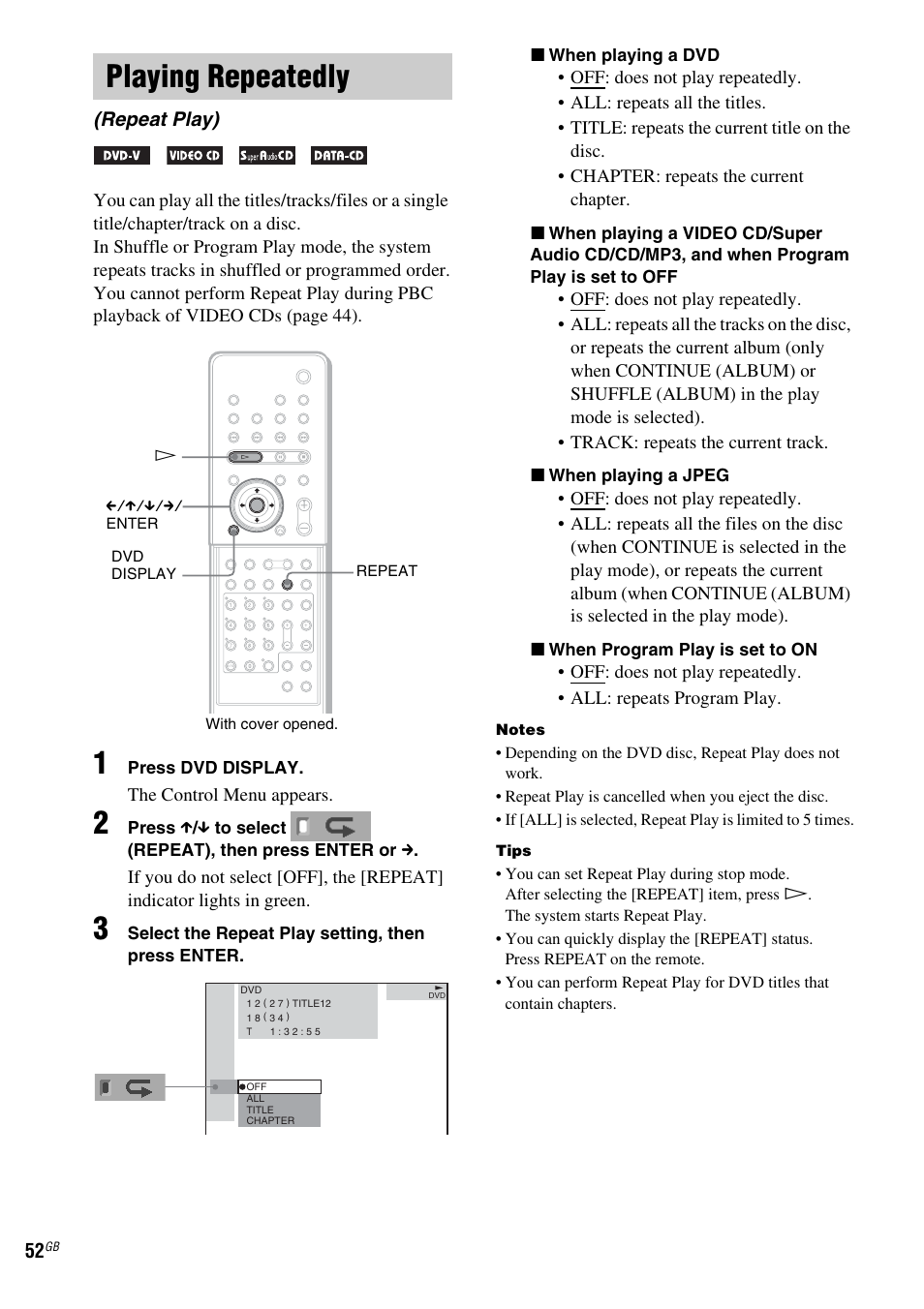 Playing repeatedly, Repeat play) | Sony DAV-LF1 User Manual | Page 52 / 116