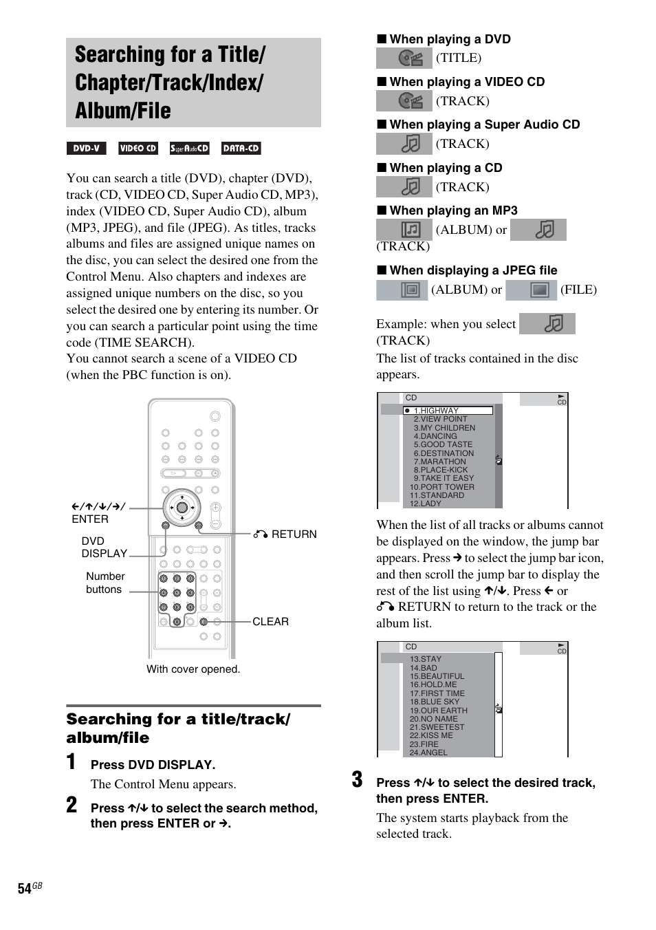 Searching for a title/chapter/track, Index/album/file, Searching for a title/track/ album/file | Sony DAV-LF1 User Manual | Page 54 / 116