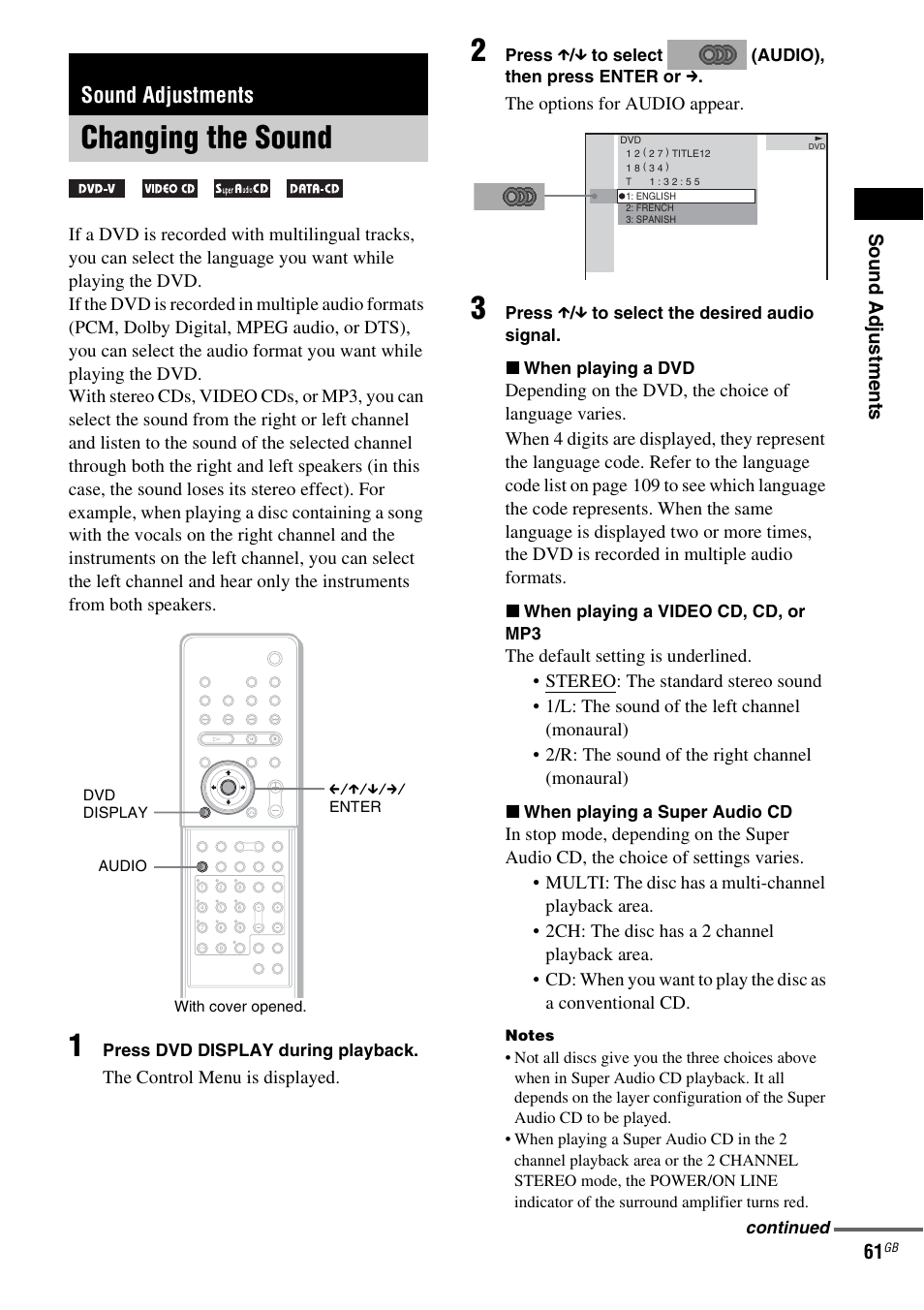 Sound adjustments, Changing the sound | Sony DAV-LF1 User Manual | Page 61 / 116