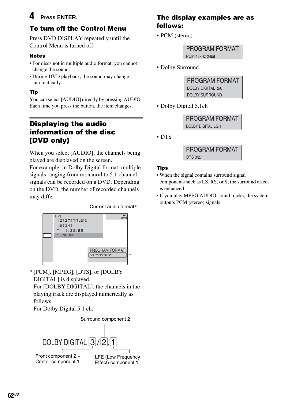 Dolby digital 3 / 2, Program format | Sony DAV-LF1 User Manual | Page 62 / 116